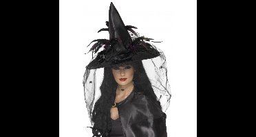 Zwarte luxe hoge heksenhoed met veren sluier - Halloween - Dames