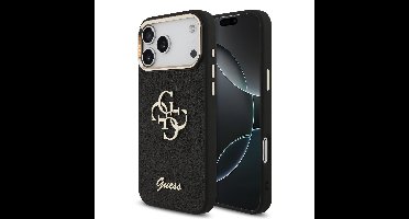 Guess PU Fixed Glitter 4G Metal Frame Hoesje iPhone 17 Pro Max - Zwart