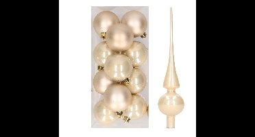 12x Champagne kunststof kerstballen met glazen piek glans