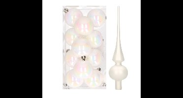 12x Parelmoer witte kunststof kerstballen met glazen piek mat