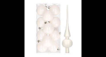 12x Winter witte kunststof kerstballen met glazen piek mat