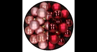 32x stuks kunststof kerstballen mix van oudroze en donkerrood 4 cm