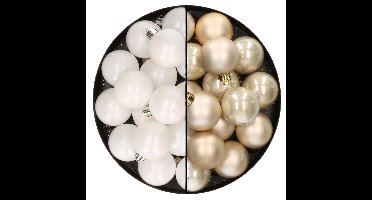 32x stuks kunststof kerstballen mix van wit en champagne 4 cm