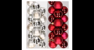 32x stuks kunststof kerstballen mix van zilver en donkerrood 4 cm