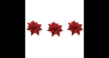 3x Kerstboomversiering bloem op clip rode kerstster 18 cm