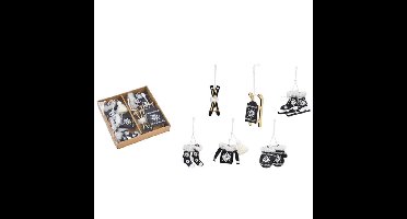 6x stuks houten kersthangers zwart wintersport thema kerstboomversiering