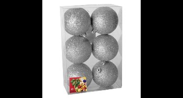 6x stuks kerstballen zilver glitters kunststof 8 cm