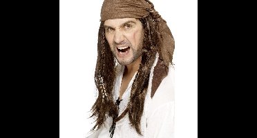 Bruine piratenpruik met bandana voor heren