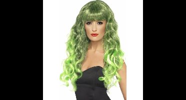 Carnaval verkleed dames pruik - krullen groen - lang haar - heksenpruik