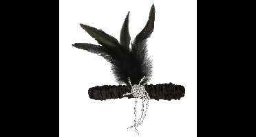 Charleston hoofdband - met pauwen veer en kraaltjes - zwart - dames - jaren 20 thema