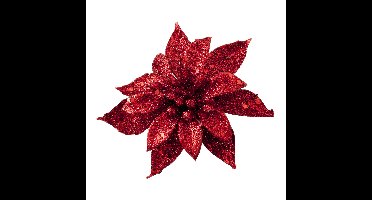 Decoratie bloem - op clip - rood - 8 cm - glitters - kunststof