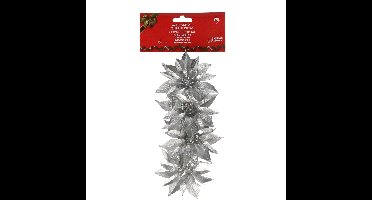 Decoratie bloemen - op clip - 4x - zilver - 9,5 cm - kunststof - kerstbloemen