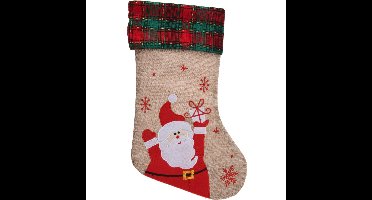 Decoratie kerstsok - met kerstman - H42 cm - jute/polyester