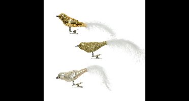 Decoratie vogels - 3x st - op clip - goud - 8 cm - glas - kerstornamenten