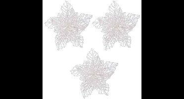 Decoris decoratie bloem - 3x - op clip - wit glitter - 23 cm - kunststof - kerstversiering