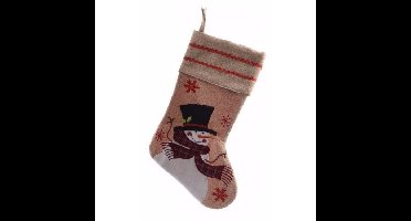 Decoris kerst sok met sneeuwpop - bruin - jute - H45 cm - kerstversiering - kerstdecoratie