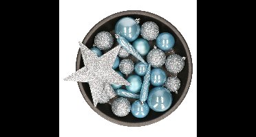 Decoris kerstballen set - 34-dlg - lichtblauw - incl. piek - kunststof - kerstversiering
