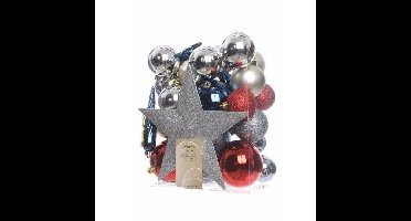 Decoris kerstballen set - 34-dlg - zilver/rood/blauw - incl. piek - kunststof - kerstversiering