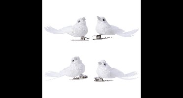 Decoris vogeltjes - 4x stuks - glitter wit - kunststof - 5 cm - op clip - kerstdecoratie