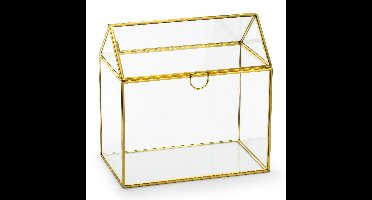 Enveloppendoos goud huisje - bruiloft - goud - glas/metaal - 13 x 21 cm