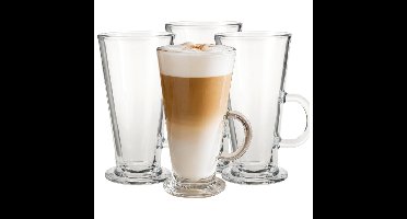 Excellent Houseware Koffie glas - Latte macchiato - 4x stuks - met oor - 270 ml - transparant