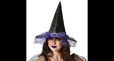Halloween heksenhoed - met sluier - one size - zwart/paars - meisjes/dames
