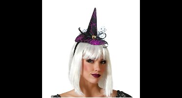Halloween heksenhoed - mini hoedje op diadeem - one size - zwart/paars - meisjes/dames