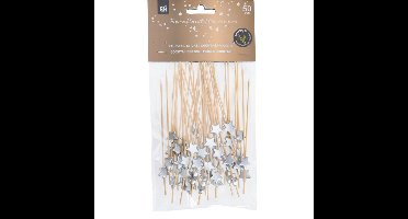 Hapjes Cocktailprikkers met sterretje - zilver - 50x stuks - bamboe - hapjes prikkers - 12 cm
