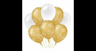 Happy Birthday thema Ballonnen - 8x - goud/wit - Verjaardag - Versiering/feestartikelen