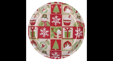 HI bord met sneeuwpop - rood/groen - metaal - 26 cm - kerstontbijt - kerstdiner - kerstartikelen