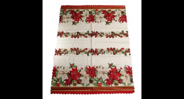 Kerst thema print tafelkleed van 150 x 180 cm - Kerstbloemen print in ecru/groen/rood