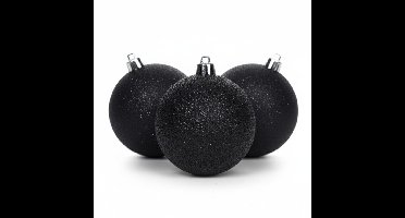 Kerstballen - 6x st - zwart - glitters - D8 cm - kunststof - kerstversiering