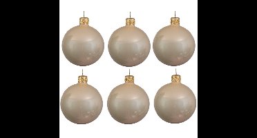 Kerstballen set - 6x stuks - parel/champagne - glas - 6 cm - glans - met gouden ophanglintje