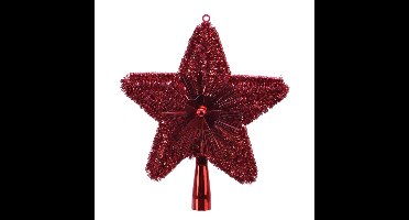 Kerstboom piek kunststof rood met glitters 23 cm