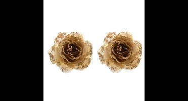 Kerstboomversiering Bloem - 2x - 14 cm - goud - op clip - ornament - roos