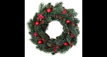 Kerstkrans - gedecoreerd - D34 x 8 cm - rood - dennenappels - kunststof