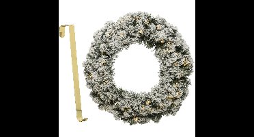 Kerstkrans groen besneeuwd met licht 35 cm kunststof incl. deurhanger