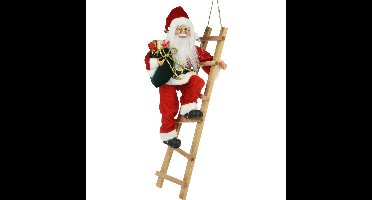 Kerstman decoratie pop - op ladder - L26 x B25,5 x H65 cm - rood - kerst - figuur - beeld