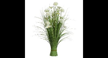 Kunstplant gras met rozen en geraniums - groen - wit - 35 x 70 cm