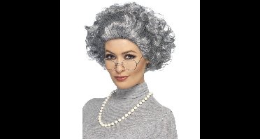 Oma verkleedsetje voor dames - grijs - pruik/bril en ketting - Oude vrouw - Carnaval
