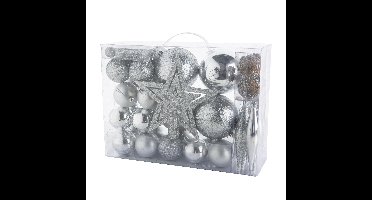 Pakket 53x st - kerstballen, ornamenten en ster piek - zilver - kunststof