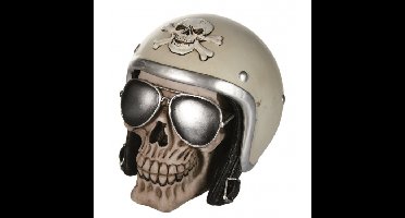 Spaarpot van Schedel met motorhelm - 16 x 12 cm - polyresin - Biker