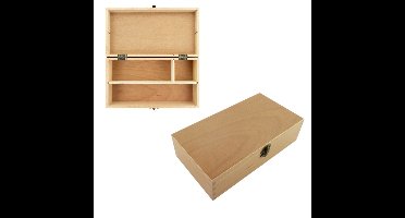 Tekendoos - 3 vaks indeling - hout - opbergbox - 25 x 13 cm