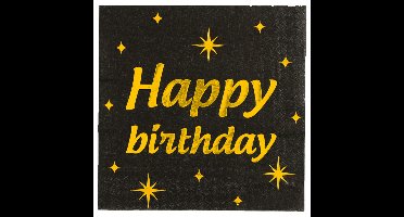 Verjaardag feest servetten - Happy Birthday - 16x stuks - zwart/goud - 33 x 33 cm
