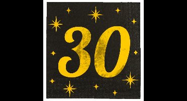 Verjaardag feest servetten - leeftijd 30 jaar - 16x stuks - zwart/goud - sterren - 33 x 33 cm
