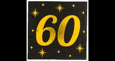 Verjaardag feest servetten - leeftijd 60 jaar - 16x stuks - zwart/goud - sterren - 33 x 33 cm