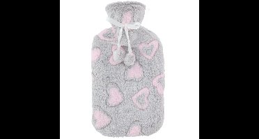 Warmwaterkruik - 2L - grijs/roze - met hoes - kruik - hartjes print