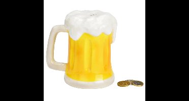 Spaarpot voor volwassenen - Thema Bierglas - keramiek - geel/wit - 14 x 11 cm