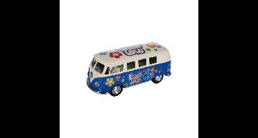 VW model T1 auto busje - hippie style - blauw - 12 cm - terugtrek motor