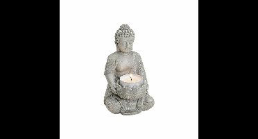 Wurm Boeddha beeldje - grijs - polystone - 14 cm - kaarsenhouder - waxinelichtjes